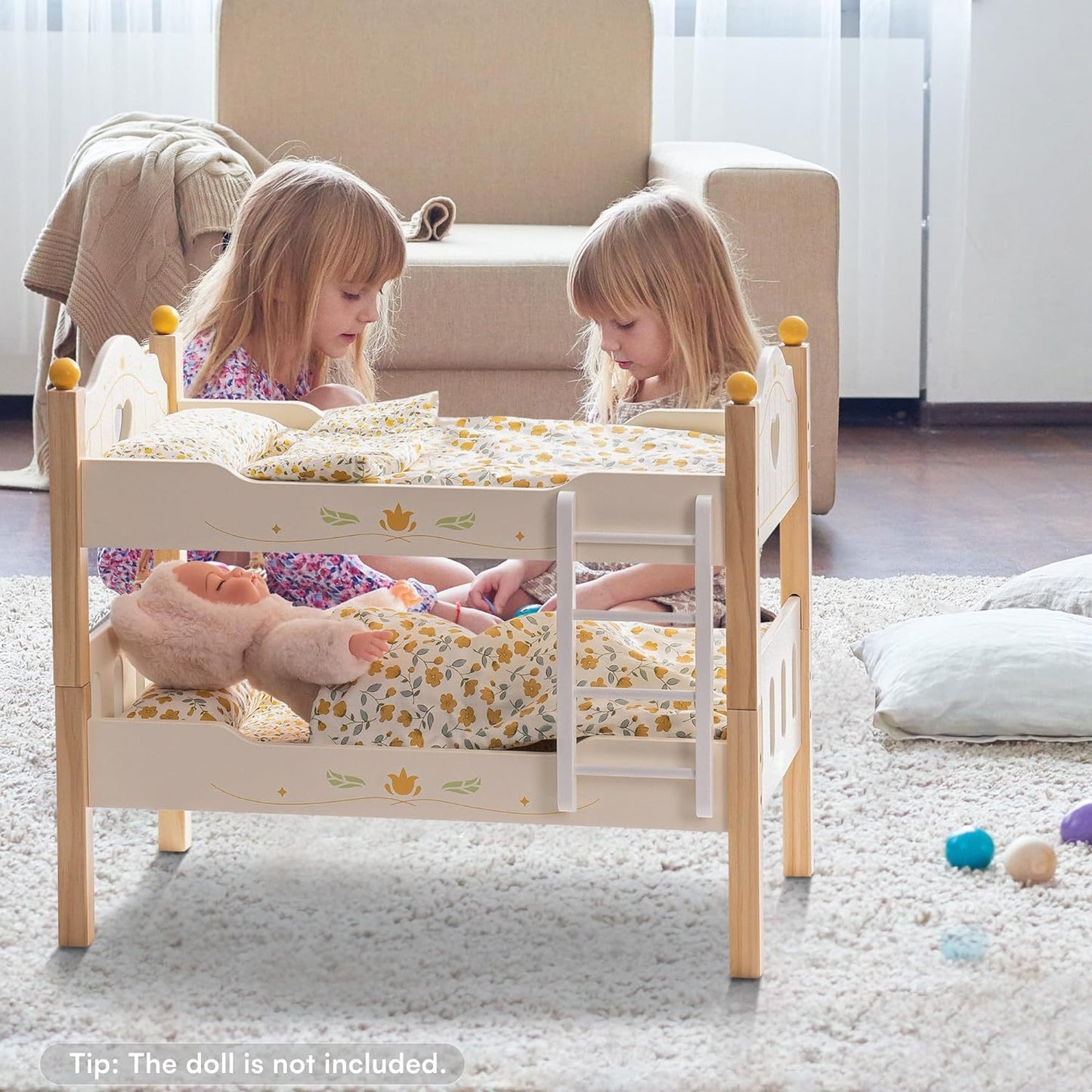 Wooden Baby Doll Bunk Bed Cradle With Ladder For Kids Playroom