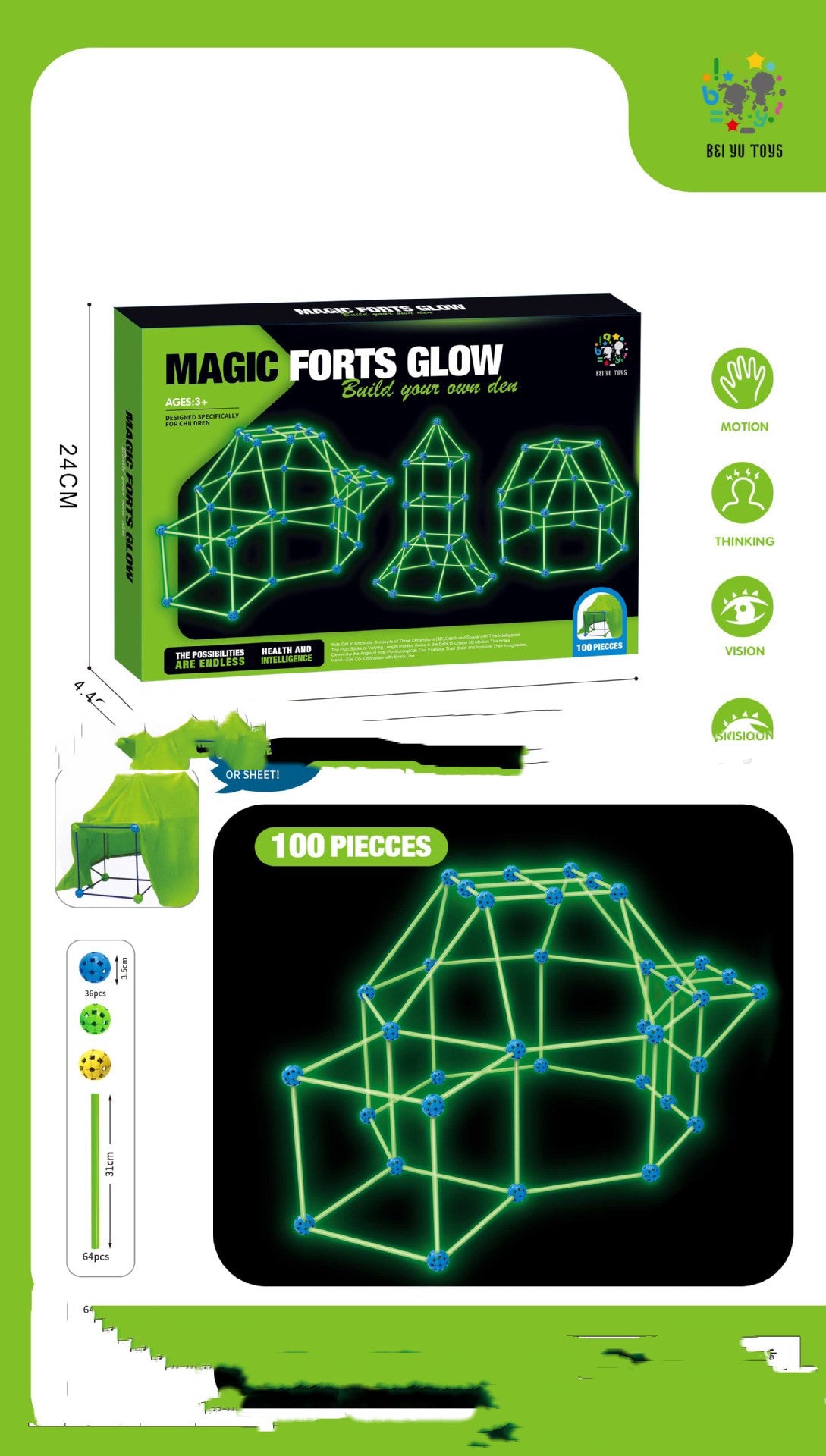 Fort Building Kit | Glow in Dark Stars Tent | Play House For Children Gift