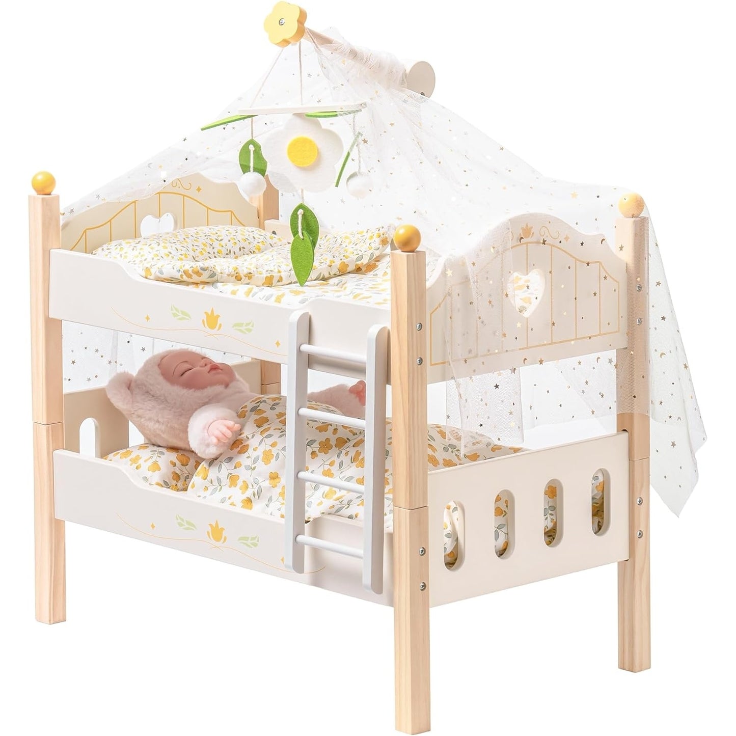 Wooden Baby Doll Bunk Bed Cradle With Ladder For Kids Playroom